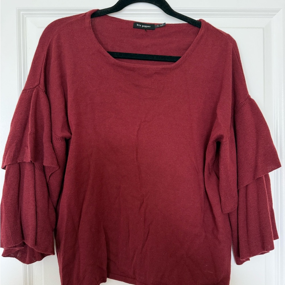 Blu Pepper Women's Burgundy Ruffle Sleeve Blouse
